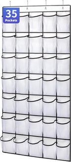 35 Pockets Over the Door Shoe Organizer, Hanging Shoe Organizer for Door with 35 Mesh Pockets Large Capacity Shoe Hanging Storage Bag with 4 Metal Hooks (White-1Pack)
