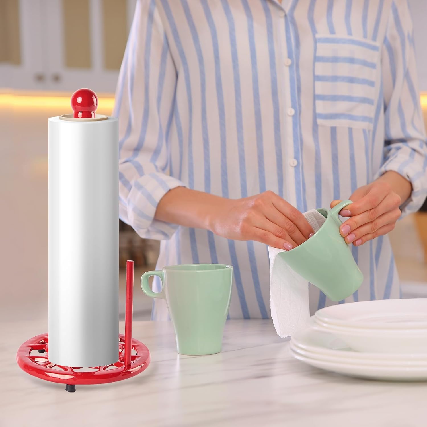 JOGREFUL Paper Towel Holder Stand, Cast Iron Kitchen Paper Towel Countertop Vintage Stand with Weighted-Base, Bathroom Organization for Family Standard Large Size Roll Paper, Classic Style, Red