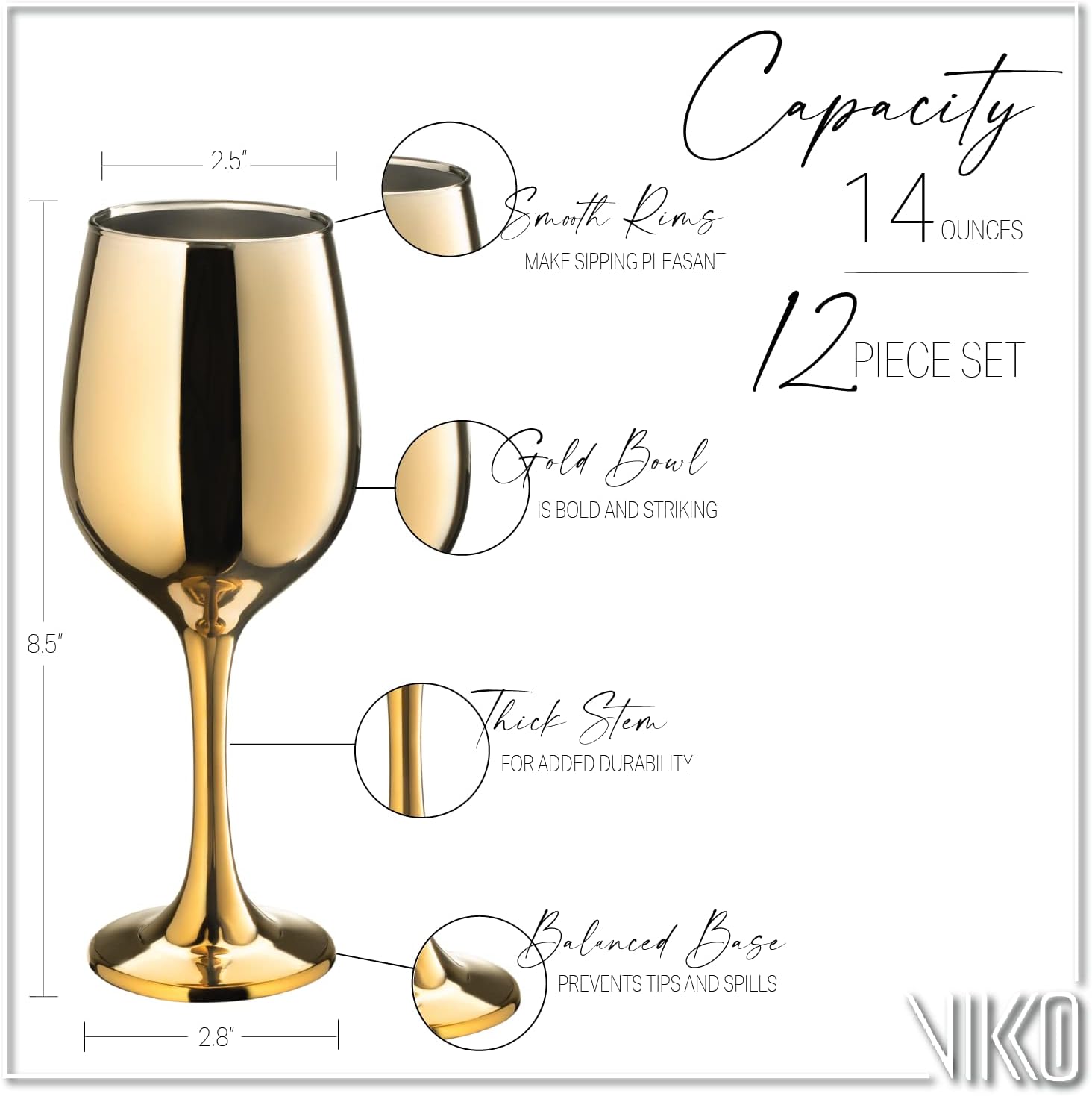 Vikko Décor Wine Glasses, Wine Glass, 14 Oz Fancy Wine Glasses With Stem For Red And White Wine, Durable Wine Glass, Dishwasher Safe, Wine Tasting, Set Of 12