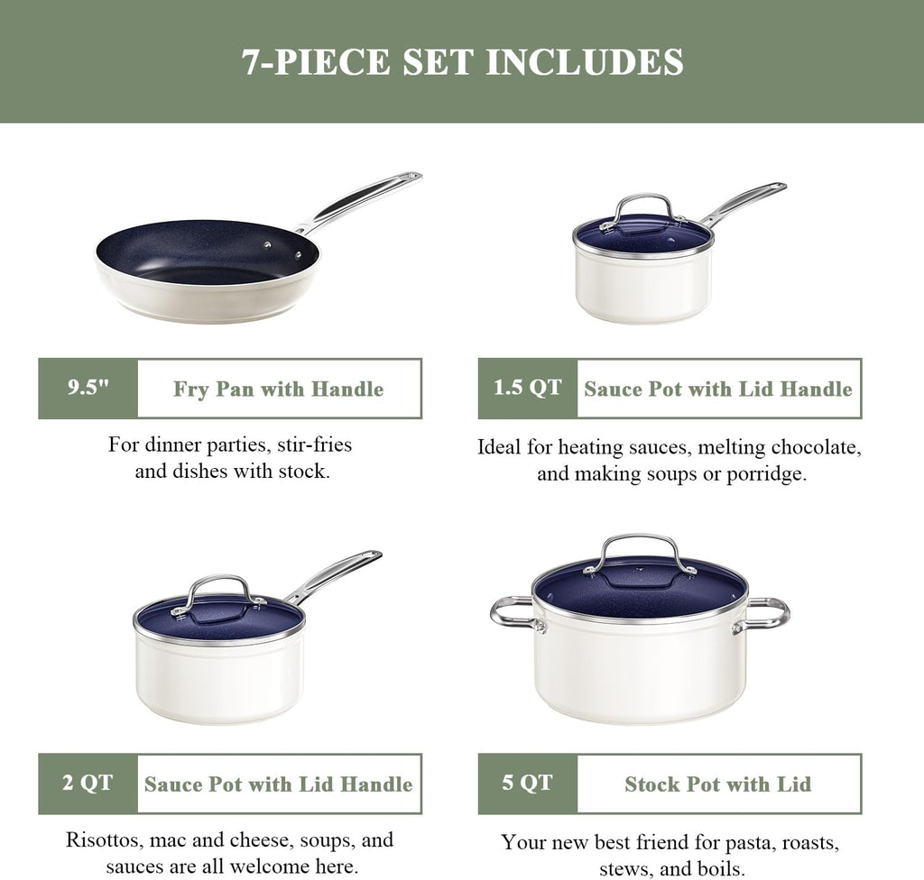 Nuwave 7pc Cookware Set Healthy Duralon Blue Ceramic Nonstick Coated, Diamond Infused Scratch-Resistant, PFAS Free, Oven Safe, Induction Ready & Evenly Heats, Tempered Glass Lids & Stay-Cool Handle