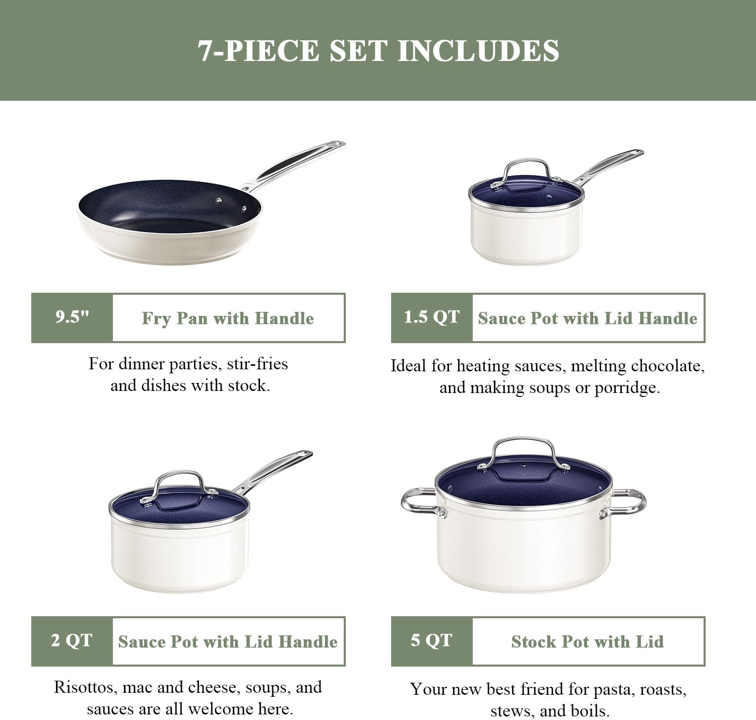 Nuwave 7pc Cookware Set Healthy Duralon Blue Ceramic Nonstick Coated, Diamond Infused Scratch-Resistant, PFAS Free, Oven Safe, Induction Ready & Evenly Heats, Tempered Glass Lids & Stay-Cool Handle