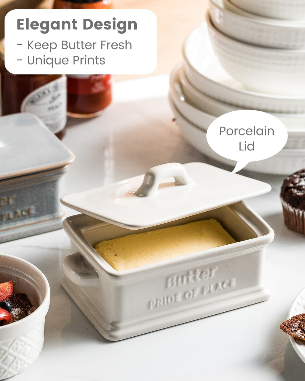 Butter Dish with Lid, Ceramic Butter Dish for Countertop Butter Holder Container Large Butter Keeper for East West Coast Butter, White