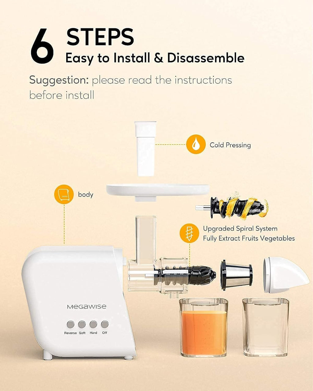 MegaWise Pro 2025 Updated Slow Masticating Juicer, 95% Juice Yield, 2-Speed & 9-Segment Spiral Cold Press, for Vegetables Fruits Nuts, Enhanced Nutrition Better Taste