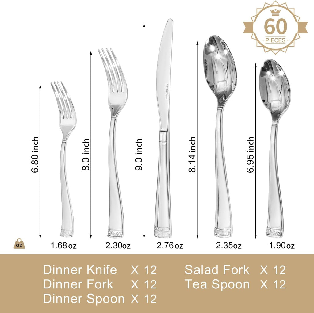 KINGSTONE Silverware Set, 60-Piece Flatware Set for 12, 18/10 Stainless Steel Cutlery Set with Bead Edge, Utensil for Kitchen, Home, Party, Wedding, Mirror Polished, Dishwasher Safe, Featured Gifts