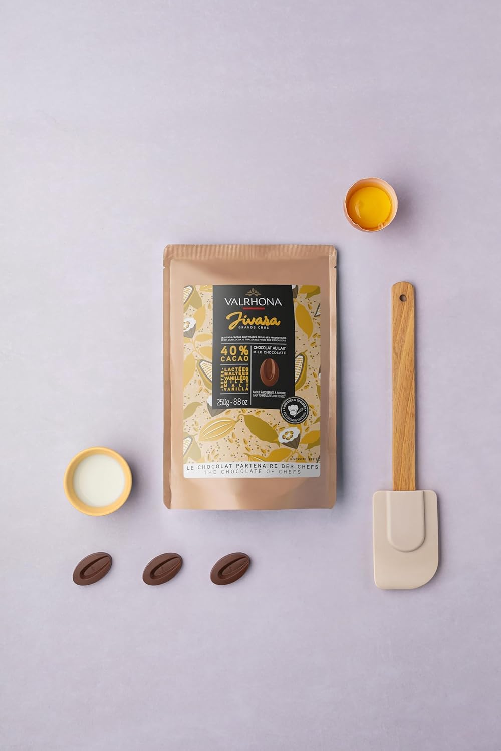 Valrhona Premium French Baking Creamy Milk Chocolate Discs (Feves). JIVARA 40% Cacao. Easy Melt and Tempering. Hints of Vanilla and Malt. For Cookies, Mousses, Frostings and Candies 250g (Pack of 2)