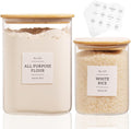 2 Pack large Square Glass Flour and Sugar Containers with 132 Kitchen Pantry Labels - 110 floz & 51 floz - Glass Jars with Airtight Bamboo Lid - Glass Rice Canisters for Coffee, Pasta, Cookie, Cereal