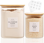 2 Pack large Square Glass Flour and Sugar Containers with 132 Kitchen Pantry Labels - 110 floz & 51 floz - Glass Jars with Airtight Bamboo Lid - Glass Rice Canisters for Coffee, Pasta, Cookie, Cereal