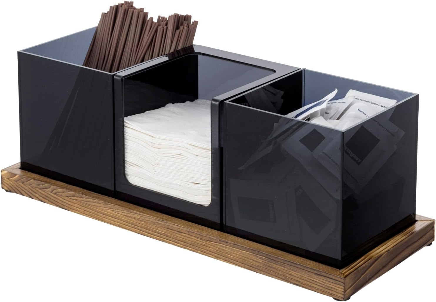 MyGift Modern Acrylic Coffee and Tea Station Organizer with 3 Removable Premium Translucent Black Acrylic Compartments and Rustic Burnt Solid Wood Decorative Tray, 4 Piece Set