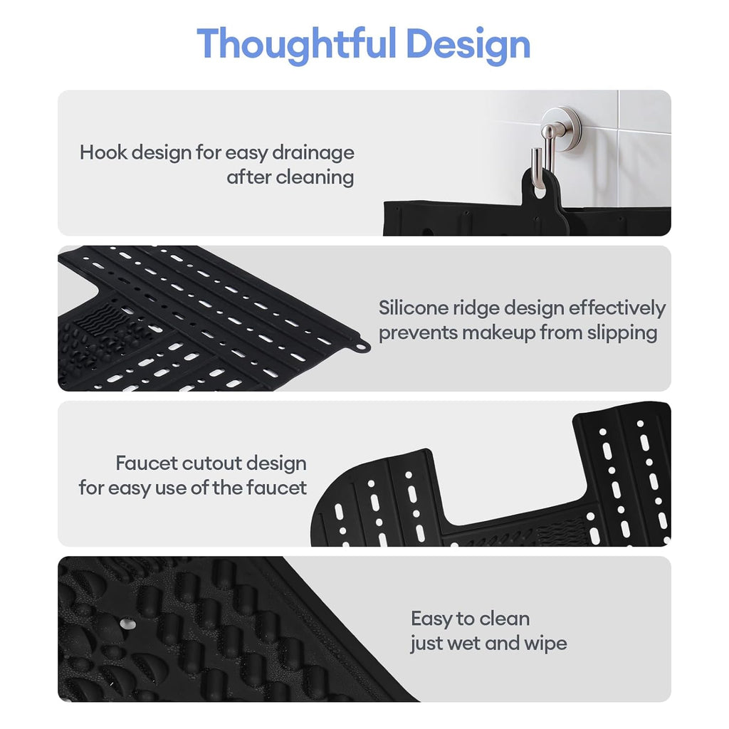 IeBilif Sink Cover for Counter Space, Foldable Bathroom Sink Covers, Makeup Organizer Mat Space Saver with Hanging Loop, Silicone Makeup Brush Cleaner Mat for Bathroom(Black)