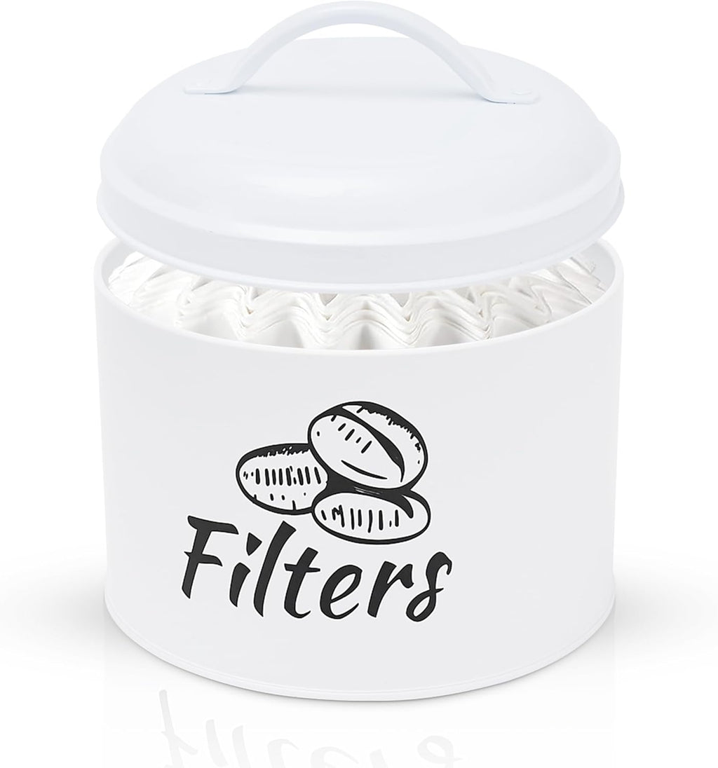 Coffee Filter Holder with Metal Lid – Coffee Filter Container for Countertop – Modern Organizer for Cone Filters – Coffe Bar Accessory for Kitchen Decor (white)