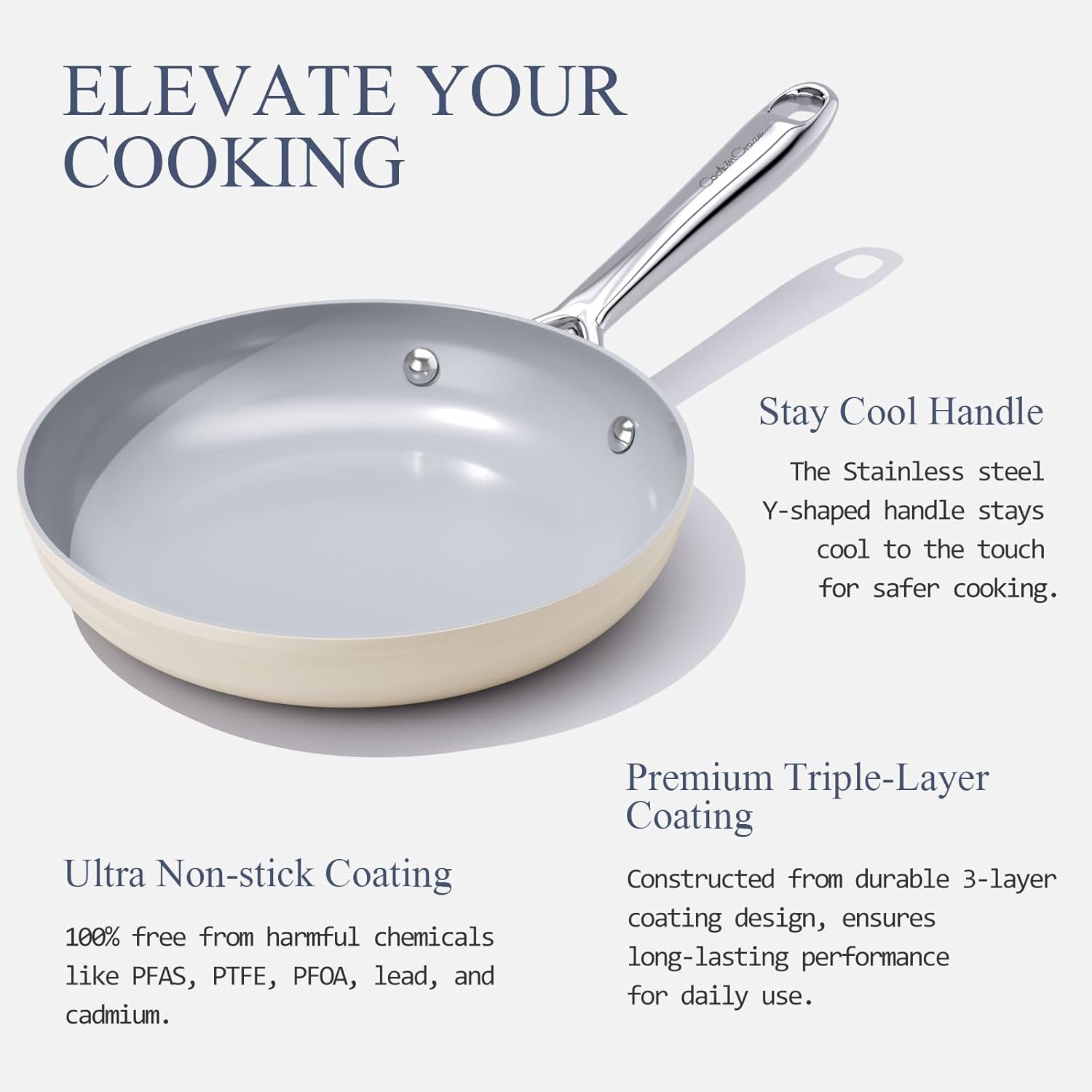 Nonstick Ceramic Frying Pan 8 Inch for Induction Cooktop - Non Toxic, PTFE/PFOA/PFAS Free, Oven & Dishwasher Safe up to 500°F - Non Stick Small Egg Skillet with Stay-Cool Handle - Cream