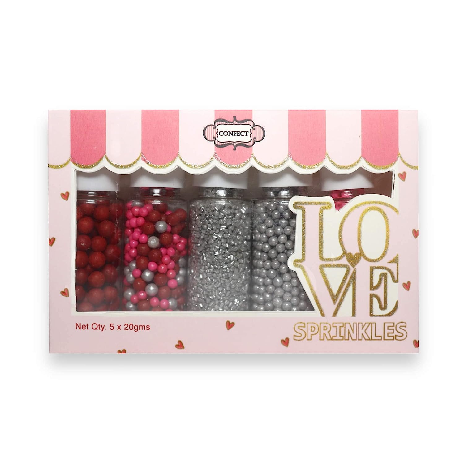 Confect Assorted Edible Sprinkles Pack of 5 – Red, Pink & Silver Dragees with Silver Sparkling Sugar | Costume Party Disco Ball Mix for Cake & Cupcake Decoration | Vegan, Gluten-Free, Nut-Free, Soy-Free, Dairy-Free, Palm Oil-Free - 5 Oz