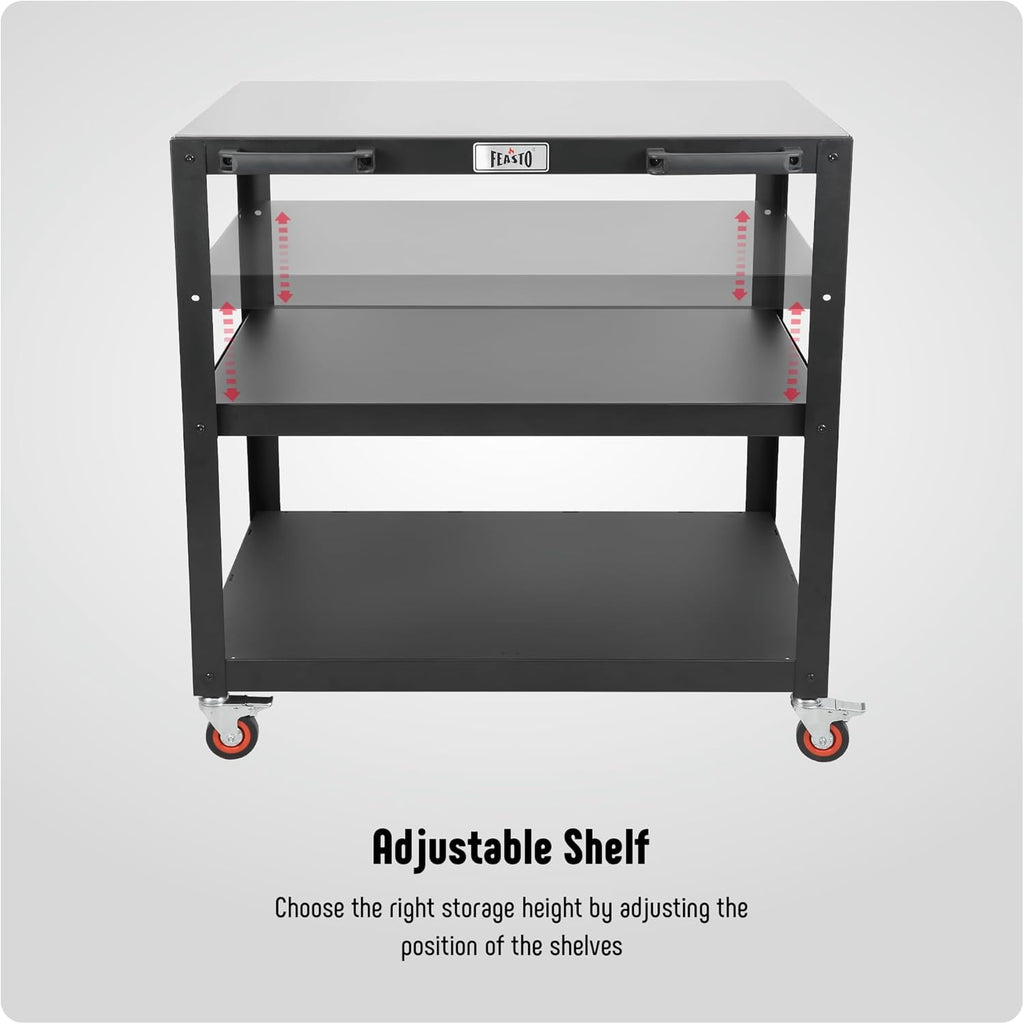 36''x 24'' Large Movable Pizza Oven Table for Outdoor, 304 Stainless Steel Grill Cart with Wheels, 3-Shelf Outdoor Kitchen Prep Table Pizza Oven Stand on Wheels for Ooni 16, Blackstone Griddle