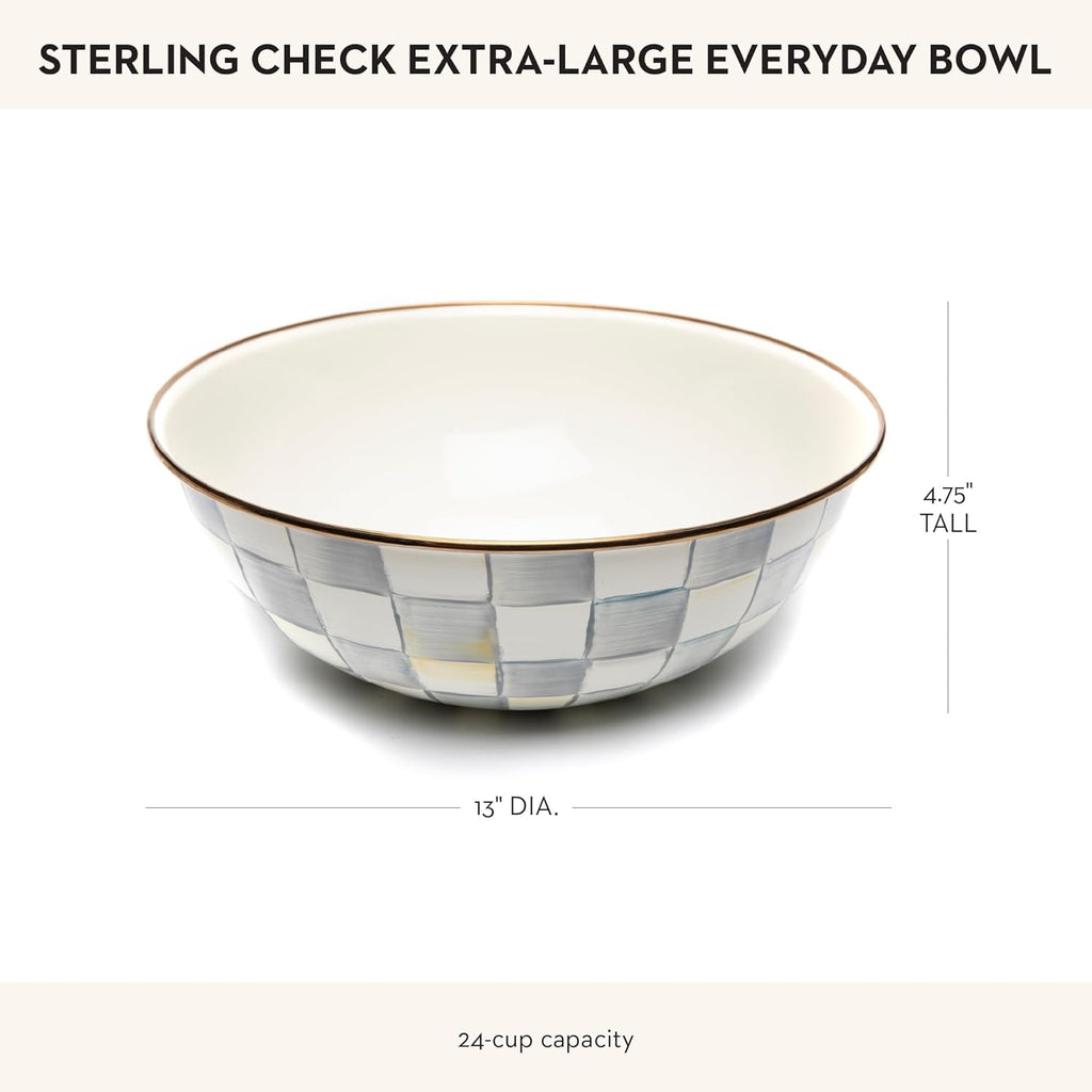 MACKENZIE-CHILDS Enamel Everyday Bowl, Serving Bowl for Entertaining, Extra-Large, Gray-and-White Sterling Check, Set of 1