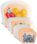 Reusable Silicone Storage Bag, 8Pack Pocket, Snack, and Sandwich Bag, Endurables Seal-Top Silicone Bags for Food Storage, Freezer, Microwave, Oven, Dishwasher Safe (Clear & Peach)