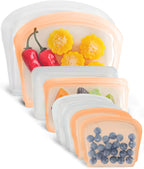 Reusable Silicone Storage Bag, 8Pack Pocket, Snack, and Sandwich Bag, Endurables Seal-Top Silicone Bags for Food Storage, Freezer, Microwave, Oven, Dishwasher Safe (Clear & Peach)