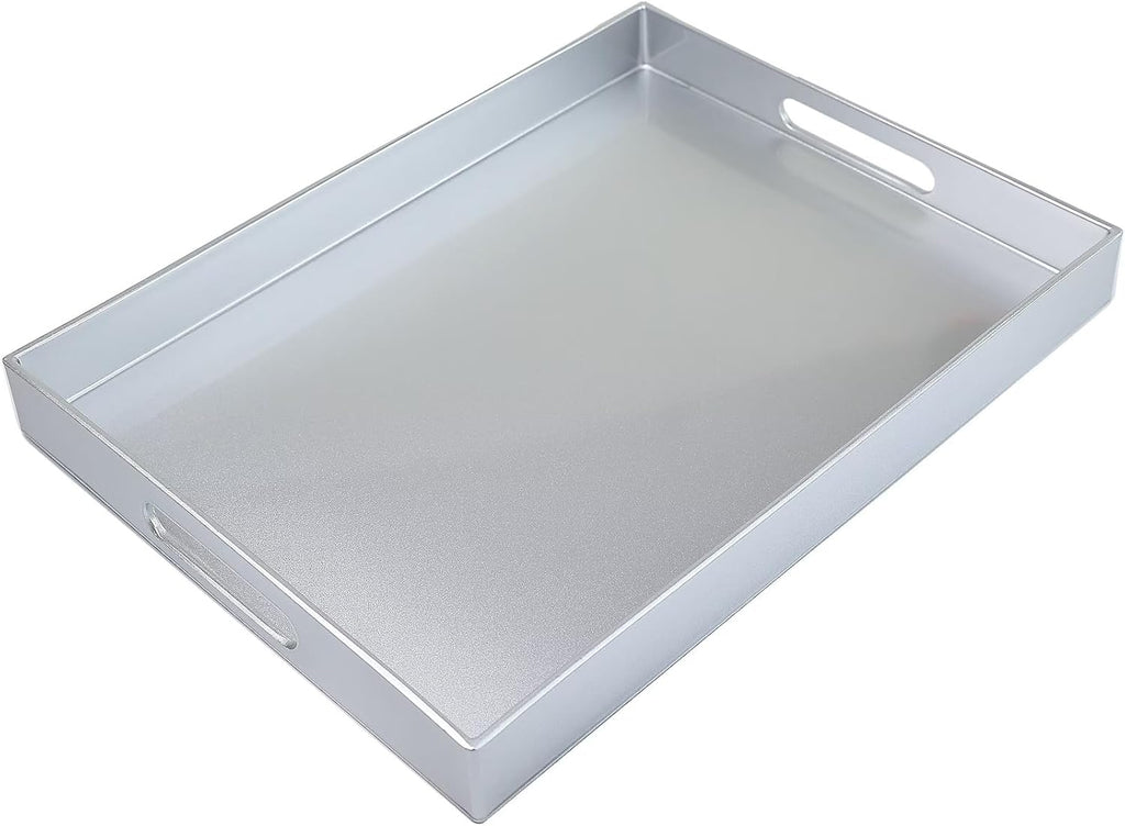 Spsyrine Silver Plastic Serving Tray for Ottoman, Coffee Table, Rectangle Decorative Tray for Entertaining, Outdoor, Living Room, Home Decor