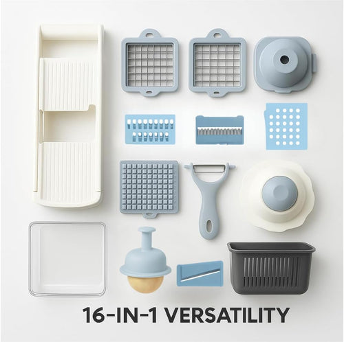 16-in-1 Vegetable Chopper, Mandoline Slicer and Food Processor - Kitchen Essentials for Effortless Food Prep - Includes Salad Spinner, Cheese Grater, Onion Chopper, French Fry Cutter, and More