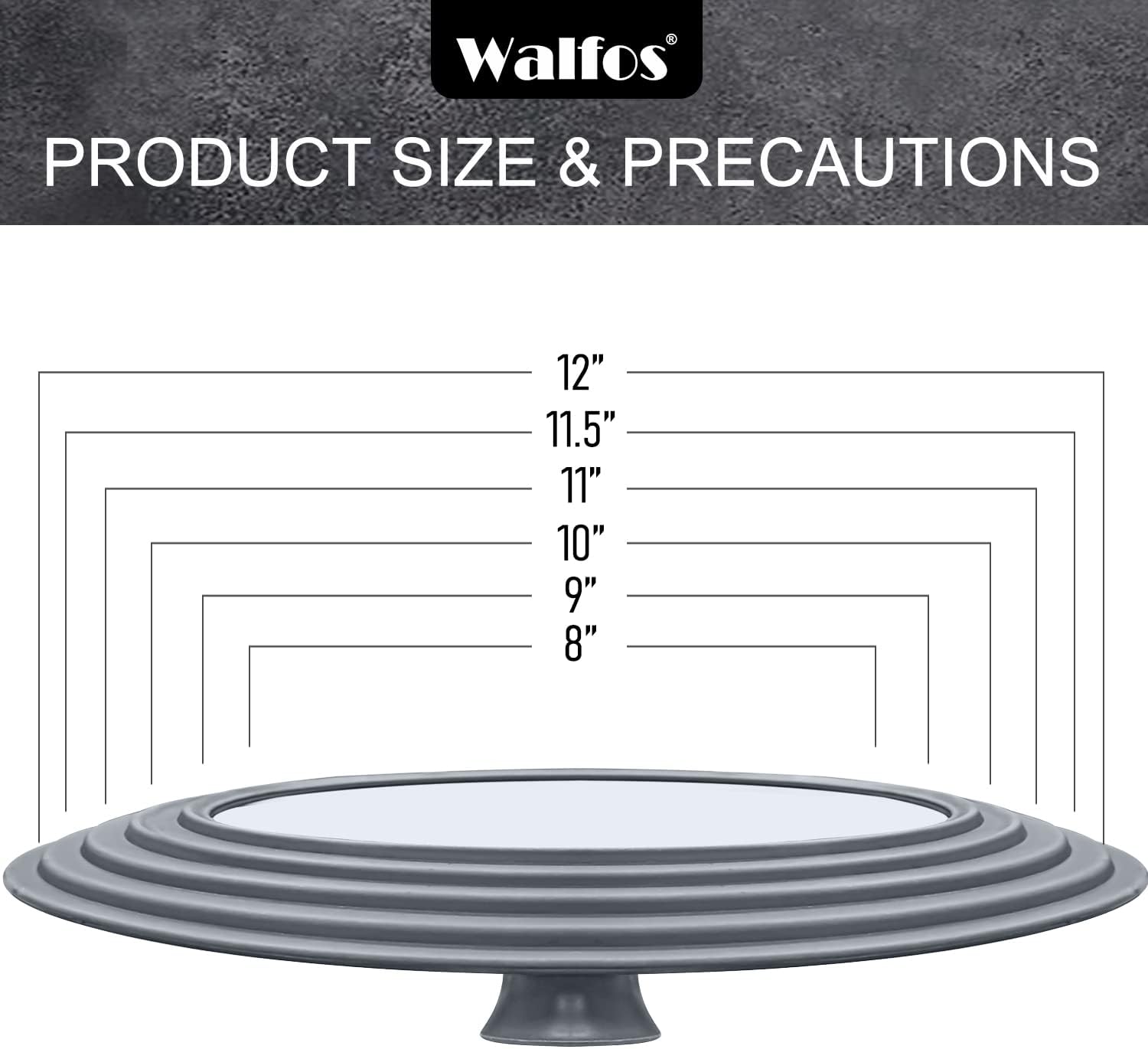 Universal Lid for Pots, Pans and Skillets - Walfos Tempered Glass Pan Lid with Heat Resistant Silicone Rim, BPA Free Large Pot Lids Fits 8" to 12" Diameter Cookware, Dishwasher-Safe, Grey