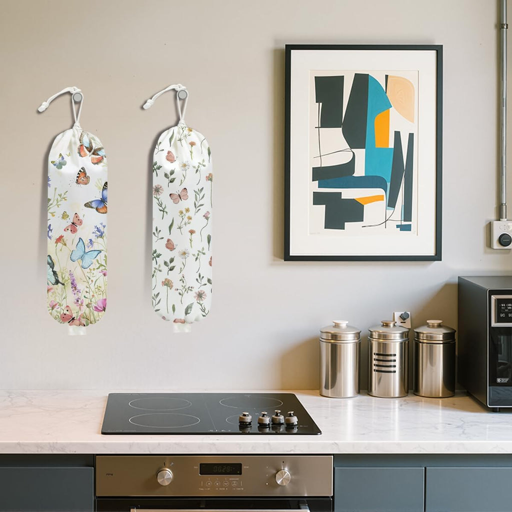 2Pcs Vintage Floral Plastic Bag Holder, Wall Mount Trash Bag Holder, Summer Floral Colorful Butterfly Large Reusable Grocery Bags Storage Dispenser for Home Kitchen Pantry, Butterfly Gifts for Women