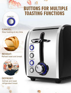 Toaster 2 Slices, Stainless Steel JEWJIO Retro Toaster with 1.5" Extra Wide Slot for 6 Bread Shades Setting/Bagel/Defrost/Reheat/Cancel Function/Removable Crumb Tray 800W, Matte Black
