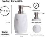 Resin Soap Dispenser Set 2, Refillable Hand Soap Dispenser with White Marble Look and Metallic Pump, Kitchen, Bathroom, Waterproof Labels (12 Oz)