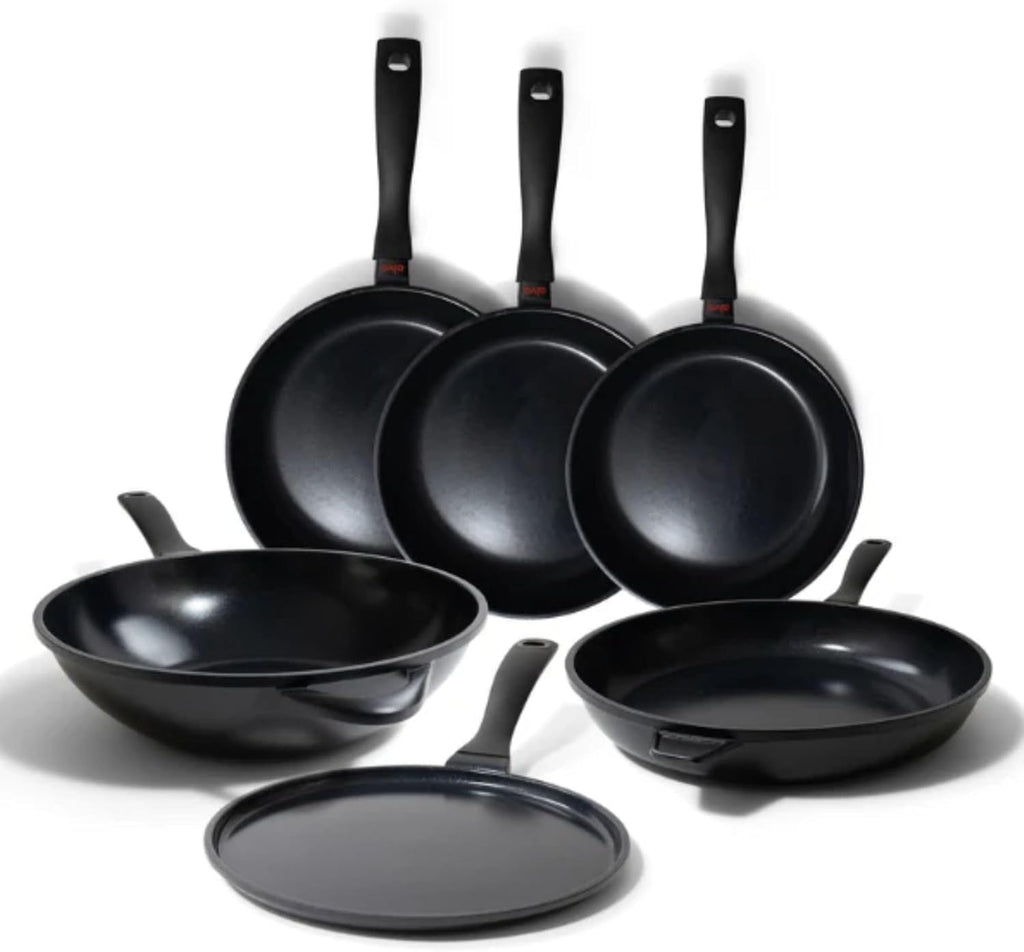 Alva Energy 6-Piece Ceramic Nonstick Frying Pan Set, PFAS/PTFE-Free – 8", 9.5", 11" Fry Pans, 12" Wok + 11" Crepe Pan, Stay-Cool Handles, Induction & Gas Compatible, Lightweight & Dishwasher Safe