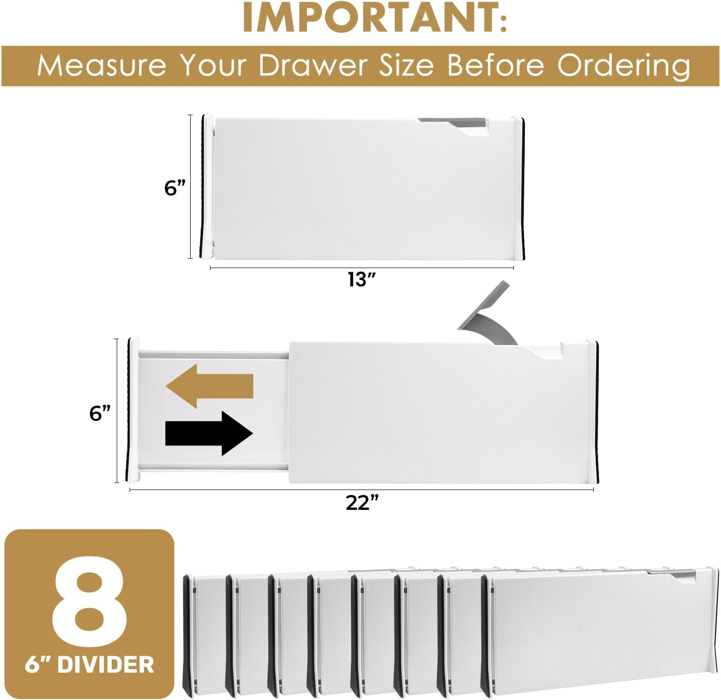 RAPTUROUS Adjustable Deep Drawer Divider – 6" Tall, Expandable 13-22", 8-Pack, Non-Slip Drawer Dividers for Clothes, Dresser, Kitchen & Office Organization (White)