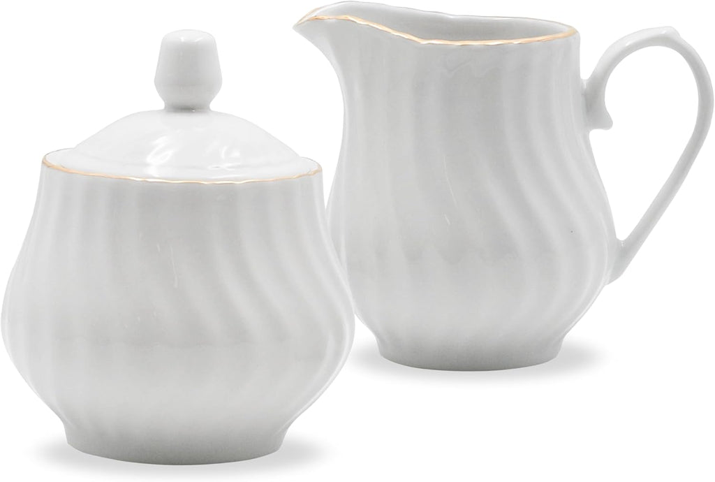 Sugar and Creamer Set - Porcelain Sugar and Creamer Vintage Tea Set with Gold Trims & Embossed Swirls - Exquisite Fine China Tea Set for Parties & Celebrations - Imperial Gold Set by Lynns