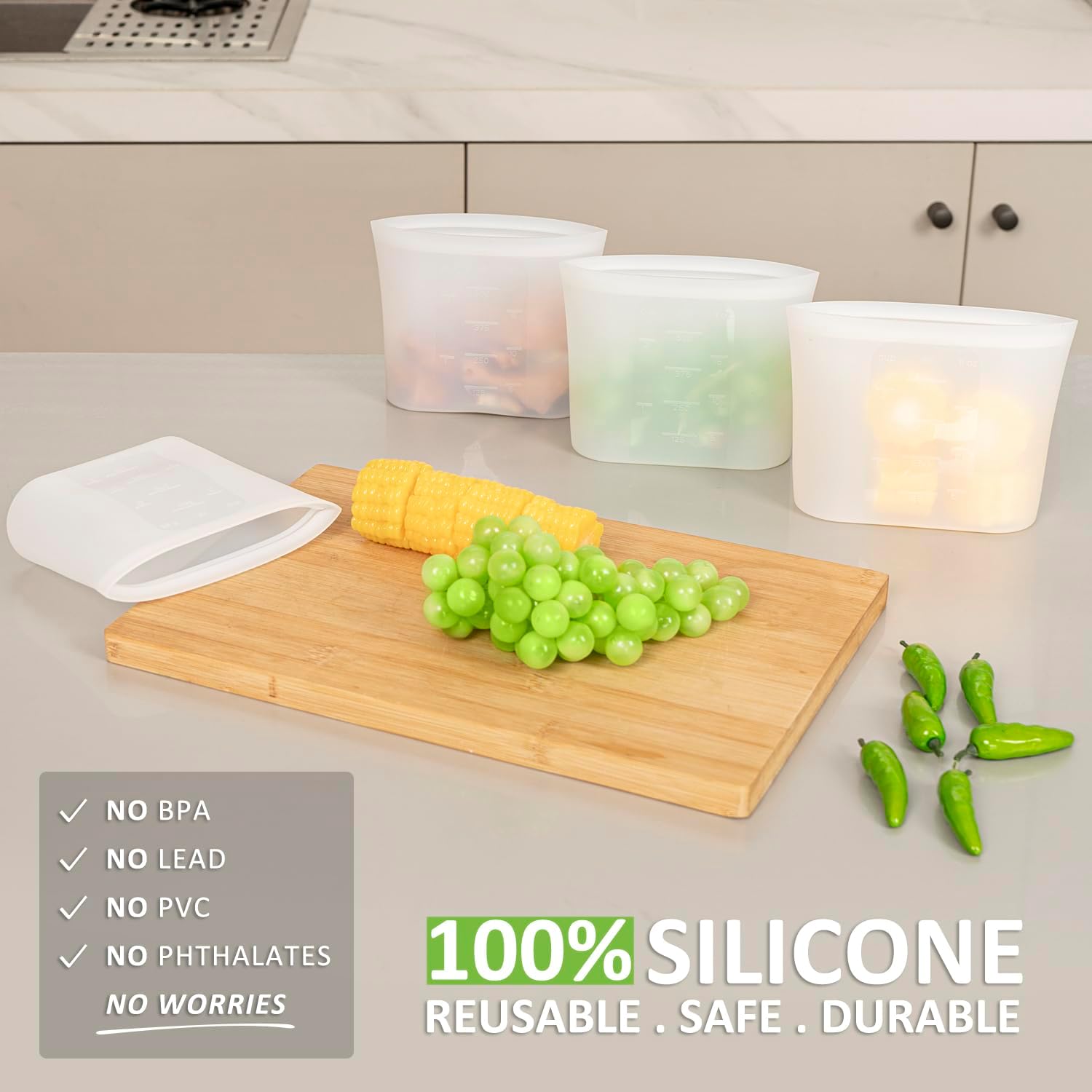 Reusable Snack Bags, 4 Pack, Stand Up 100% Silicone Reusable Storage Bag, Ziplock Silicone Food Storage Containers Snack Size, Freezer Microwave Oven Dishwasher Safe, Translucent, 16oz