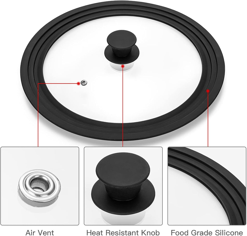 Universal Lid for Pots, Pans and Skillets Vented Tempered Glass with Heat Resistant Silicone Rim, Fits 11 inch, 12 inch, 12.5 inch Cookware, Replacement Lid, Black