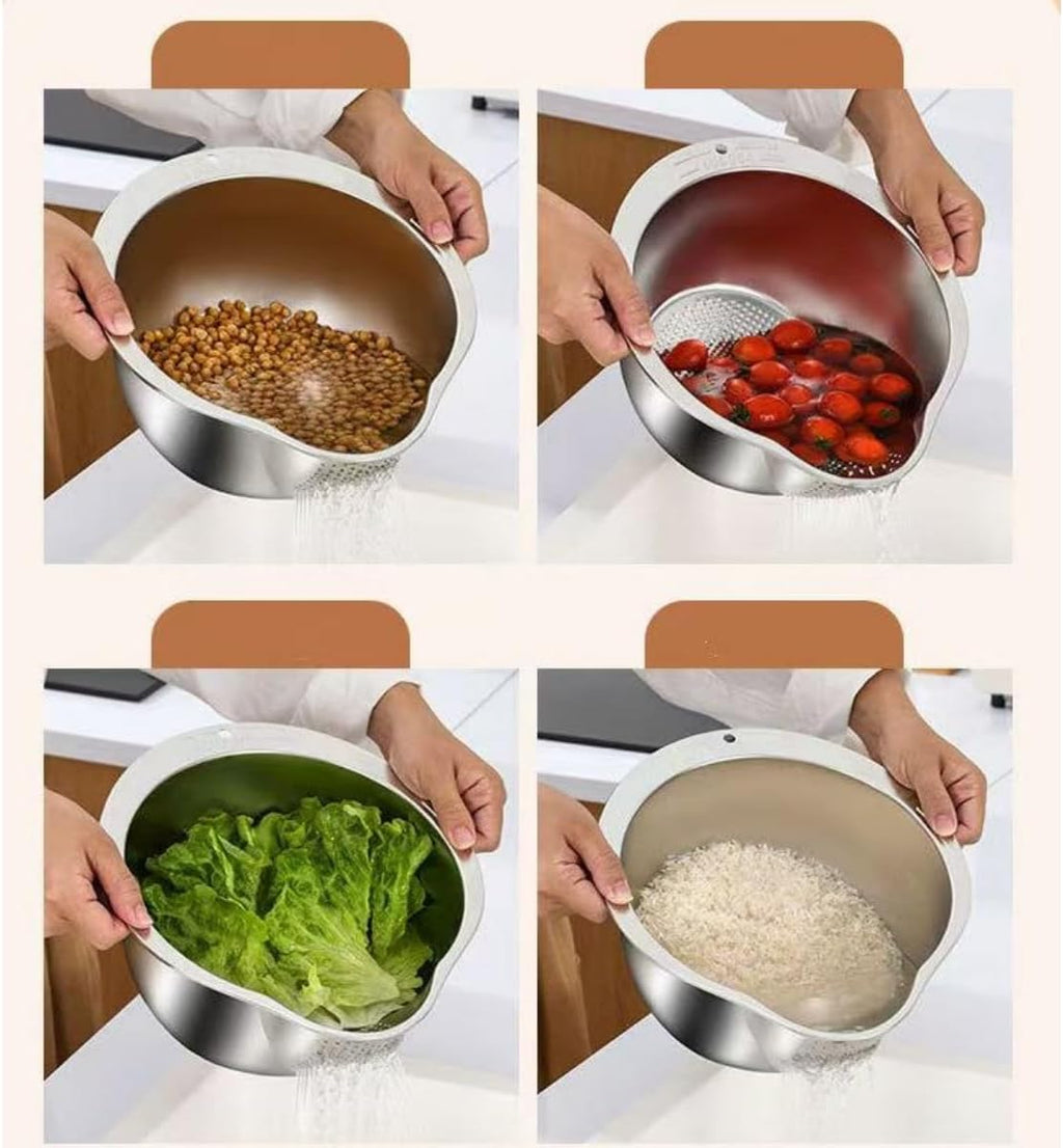 2 Pack Rice Washer Strainer Bowl,Stainless Steel Washing Bow Rinser With Side Drainers Colander for Cleaning Fruits, Vegetables Silver