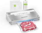 Bonsenkitchen Vacuum Sealer Machine, Stainless Steel Food Sealer Vacuum Sealers with 30 Bags & 1 Roll, 5 Food Vacuum Modes, Built-in Cutter & Bag Storage (White Silver)