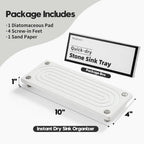 Water Absorbing Stone Sink Caddy, Diatomite Kitchen Sink Organizer, Bathroom Counter Tray, Faucet Drying Mat Coaster Soap Dish Rack Riser Dispenser Sponge Holder, Silver, White 10" x 4"