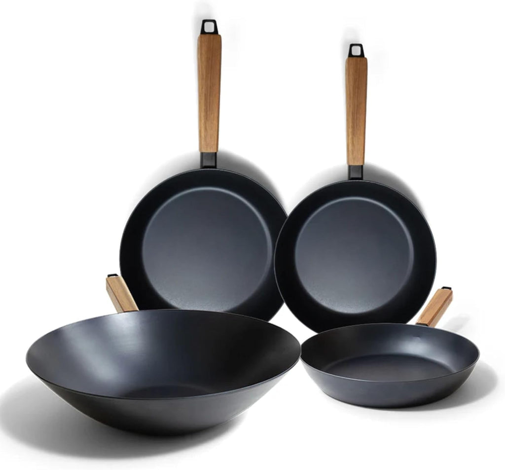Alva Forest 4-Piece Blue Carbon Steel Pan & Wok Set – Pre-Seasoned, Natural Nonstick, PFAS/PFOA/PTFE-Free – Healthy, Non-Toxic Cookware for All Stovetops & BBQ
