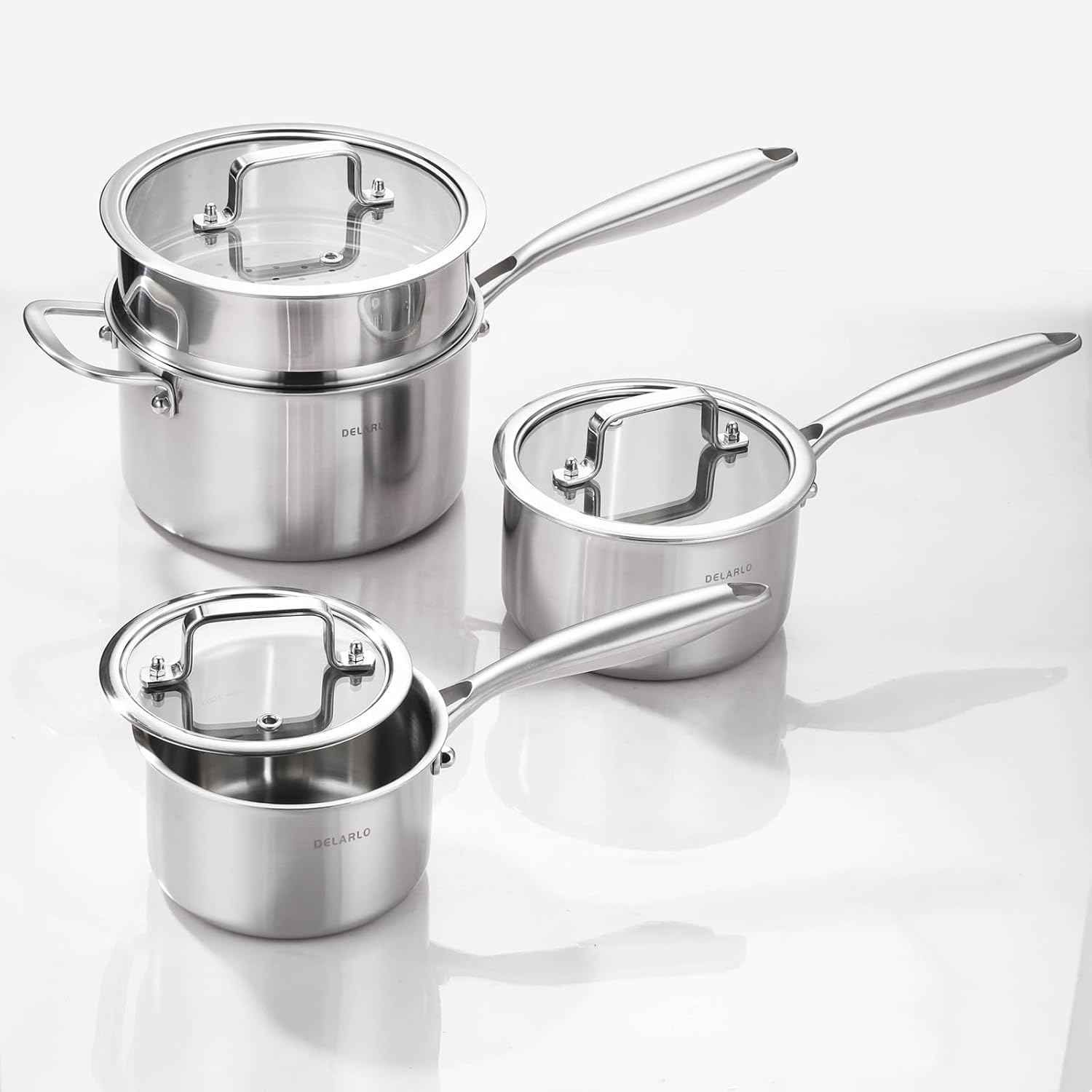 DELARLO Kitchen Pot Set, Tri-Ply Stainless Steel Saucepan Set, 1.0QT 2QT 3.5QT, Cooking Set, Fast Even Heat, Saucepan set Compatible with all Cooktops 600℉（Lids 300℉） 3.5QT Pot with a Steamer