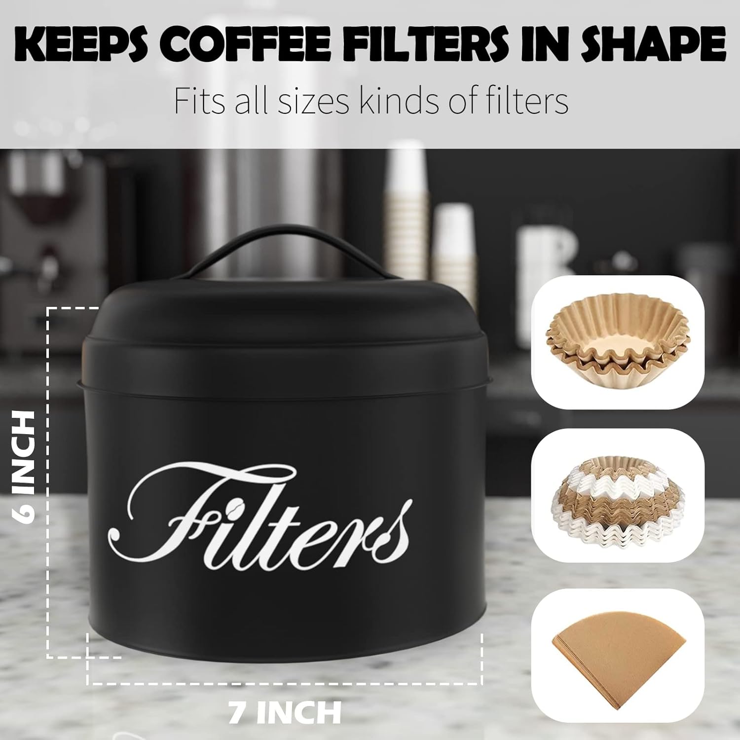 Black Basket Coffee Filter Holder With Lid - Round Container for Counter Storage - Rustic Farmhouse Bar Accessories Decor