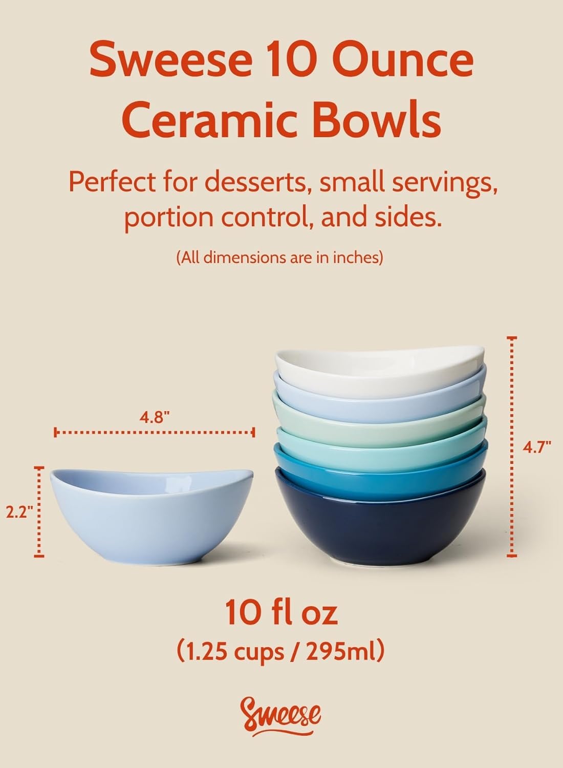 Sweese Porcelain Bowls Set - 5 Inch, 10 oz, Assorted Colors for Desserts, Soup, Rice, 6 Pack, Microwave Dishwasher Safe