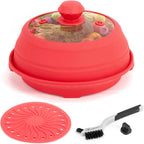Microwave Splatter Silicone Cover Collapsible, Vented Multifunction Splash Lid with Glass Dish Bowl Plate for Food Cooking Bacon Maker, Dishwasher Safe BPA-Free 9 inch Cookware Set Red