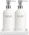 Vine Creations Glass Soap Dispenser Set, Kitchen Soap Dispenser Set with Ceramic Tray, 16 oz Dish Soap and Hand Soap Dispensers with Stainless Steel Pump Decor (White Bottle/Silver)