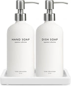 Vine Creations Glass Soap Dispenser Set, Kitchen Soap Dispenser Set with Ceramic Tray, 16 oz Dish Soap and Hand Soap Dispensers with Stainless Steel Pump Decor (White Bottle/Silver)