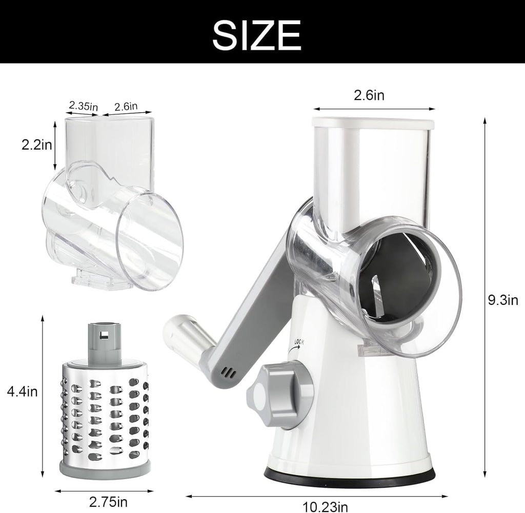 Cambom Rotary Cheese Grater Hand Crank Cheese Shredder for Fresh Cheese, Vegetable, Nuts,Non-slip Suction Base, Free Cleaning Brush Three Blades, White