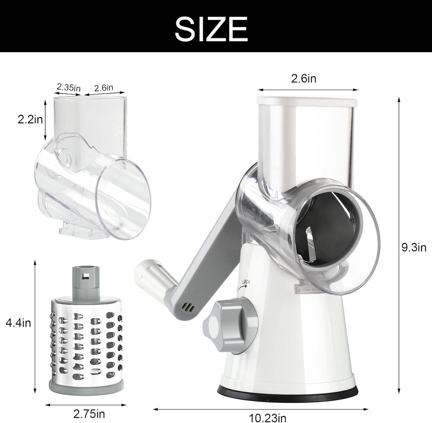 Cambom Rotary Cheese Grater Hand Crank Cheese Shredder for Fresh Cheese, Vegetable, Nuts,Non-slip Suction Base, Free Cleaning Brush Three Blades, White