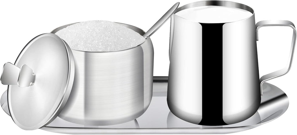 Stainless Steel Sugar and Creamer Set, Coffee Sets for Serving, Latte Milk Cup Cream Jug and Sugar Bowl with Lid Spoon Tray for Coffee Bar