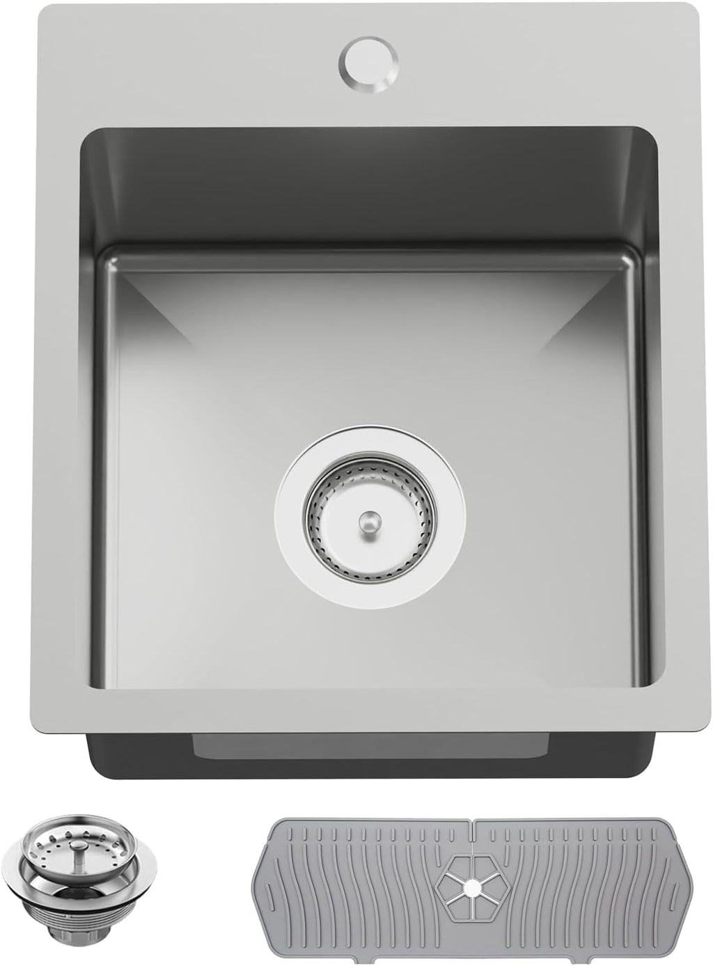 Kitchen And Bar Sink, 15x17 Inch Stainless Steel Drop In Kitchen Sink Modern Single Bowl Topmount Bar Sink Combo-Silicon Mat,Drain Strainer Set Compatibility With Various Kitchen & Bar Style