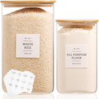 2 Pack large Square Glass Flour and Sugar Containers with 132 Kitchen Pantry Labels - 149 floz & 71 floz - Glass Jars with Airtight Bamboo Lid - Glass Rice Canisters for Coffee, Pasta, Cookie, Cereal