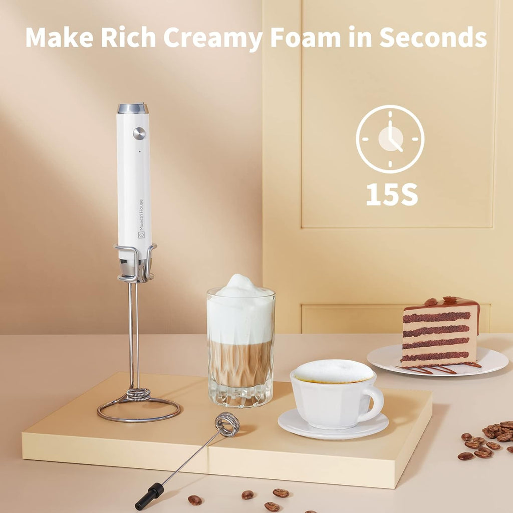 Maestri House Rechargeable Milk Frother with Stand, LunaFro Handheld Electric Foam Maker Waterproof Detachable Stainless Steel Whisk Drink Mixer Foamer for Lattes, Cappuccino