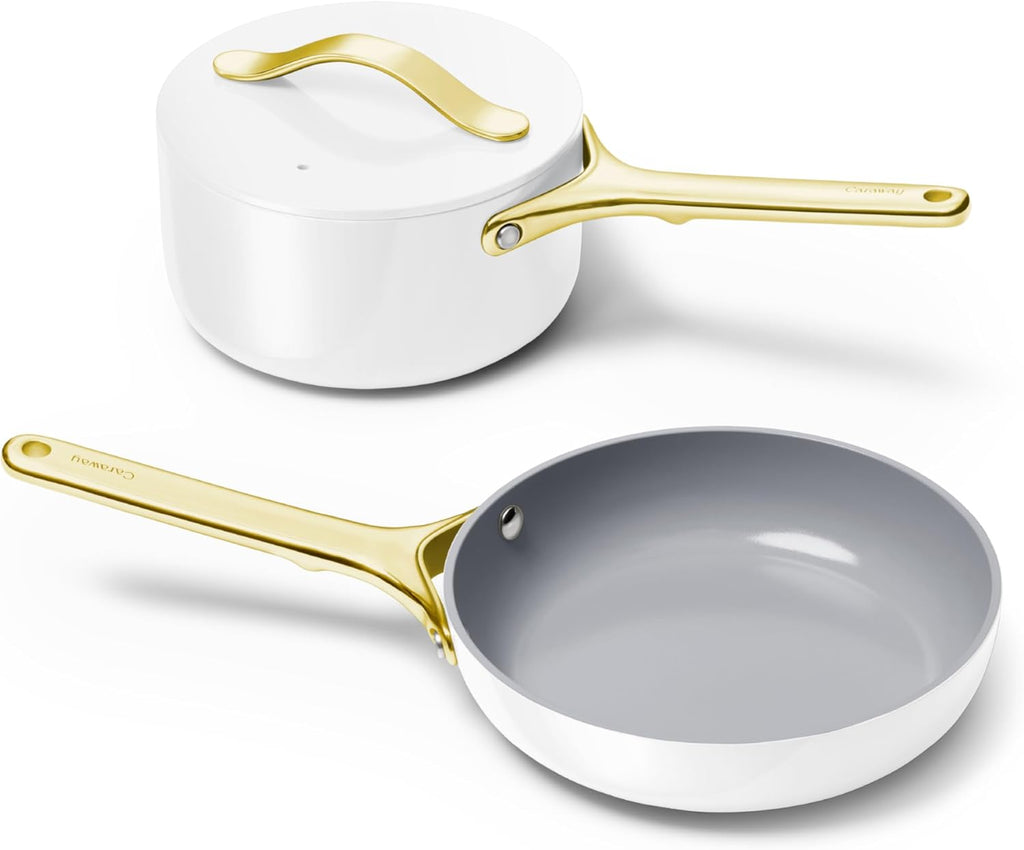 Caraway Mini Cookware Set - Non-Stick Ceramic Fry Pan (1.05 qt, 8") Sauce Pan (1.75 qt) & Storage Rack - Non Toxic, PTFE & PFOA Free - Oven Safe & Stovetop Agnostic (Gas, Electric & Induction) - White