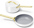 Caraway Mini Cookware Set - Non-Stick Ceramic Fry Pan (1.05 qt, 8") Sauce Pan (1.75 qt) & Storage Rack - Non Toxic, PTFE & PFOA Free - Oven Safe & Stovetop Agnostic (Gas, Electric & Induction) - White