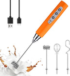 YUSWKO Fluorescence Orange Handheld Milk Frother Wand for Coffee, Rechargeable Electric Whisk with 3 Heads 3 Speeds Drink Mixer Coffee Frother For Latte, Cappuccino, Hot Chocolate, Egg